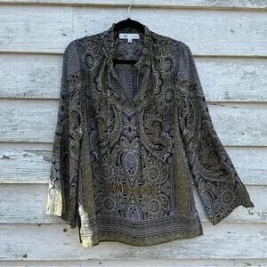 Forever long sleeve blouse. Green and black bohemian festival, flowe